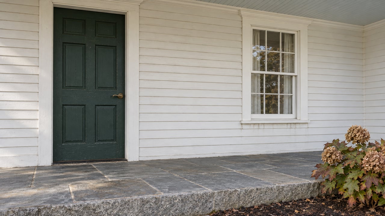 Covered porch with a green paneled door, white clapboard siding, divided-light window and bluestone paving above a granite edge.