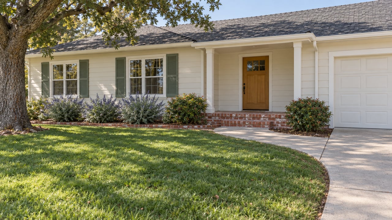 Cream single-story home with green shutters, brick entry steps, a deep front lawn and a mature oak in afternoon light.