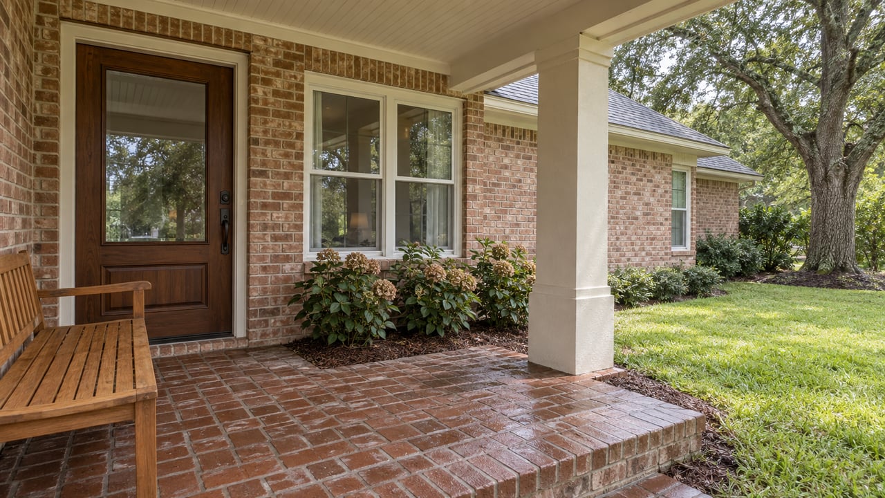 Weathered brick porch with a glazed front door, teak bench and a view across a shaded lawn.