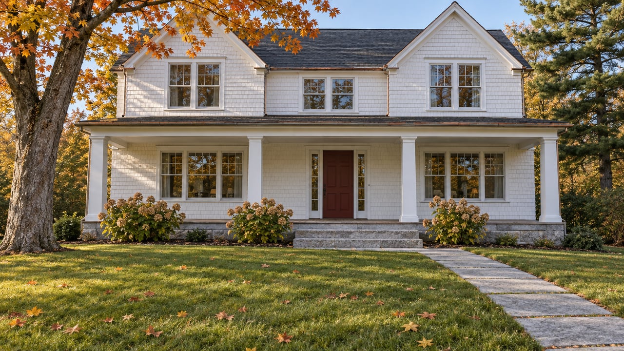 White-shingled home with a broad porch, granite approach, and autumn maple beside a deep front lawn.