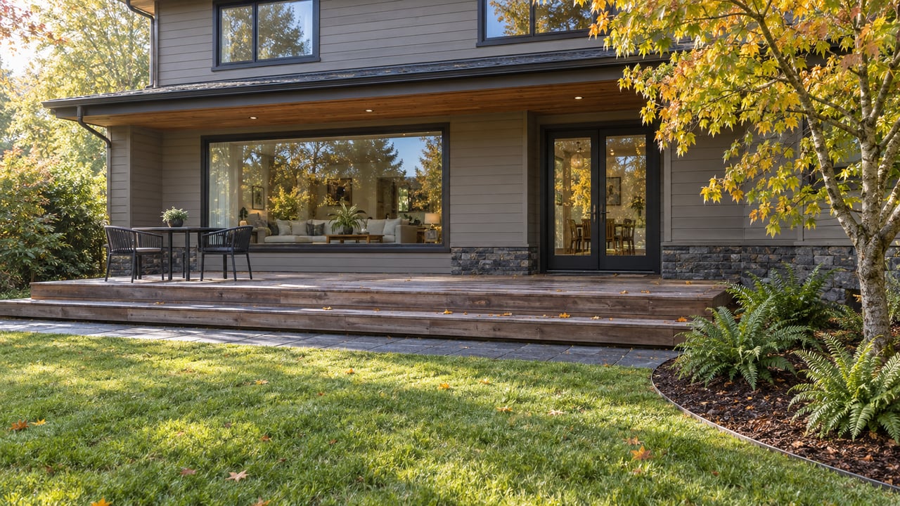 Cedar backyard deck and gray-sided home overlooking a lawn, with a yellowing vine maple and sword ferns.