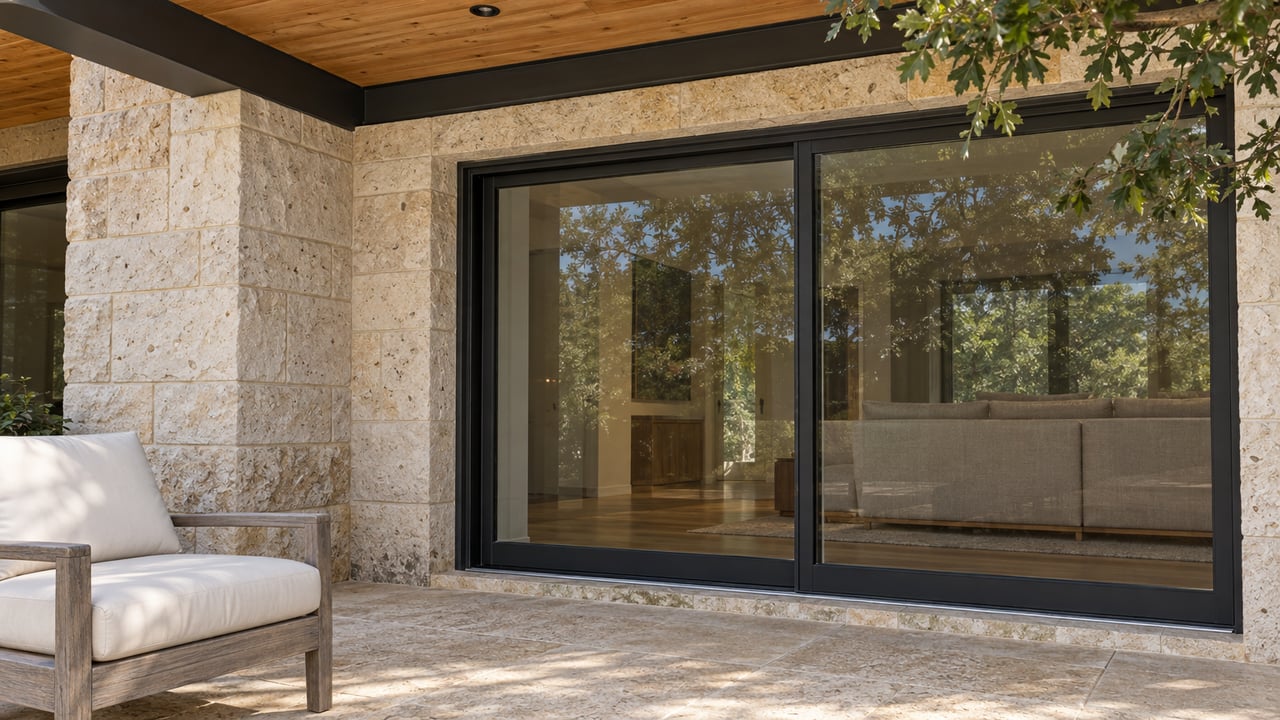 Limestone terrace with a timber soffit, closed black-framed glass doors and a weathered teak lounge chair.