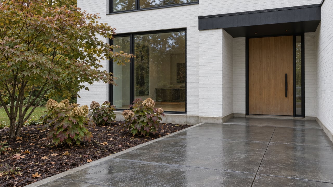 White brick home with a recessed oak entrance, black-framed windows and a rain-darkened approach beside maple and oakleaf hydrangeas.