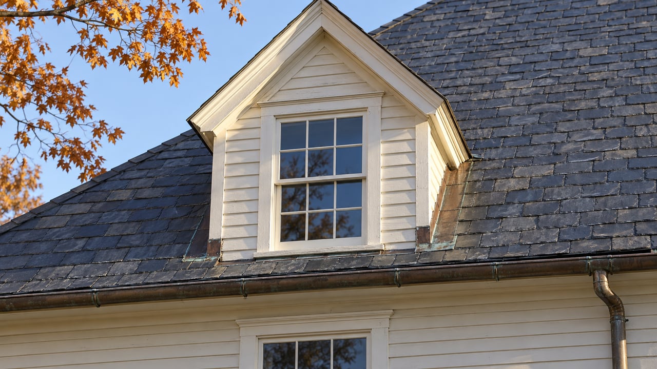 Close view of an older home's slate roof, ivory clapboard dormer, timber sash window and weathered copper gutter beside autumn sugar maple leaves.