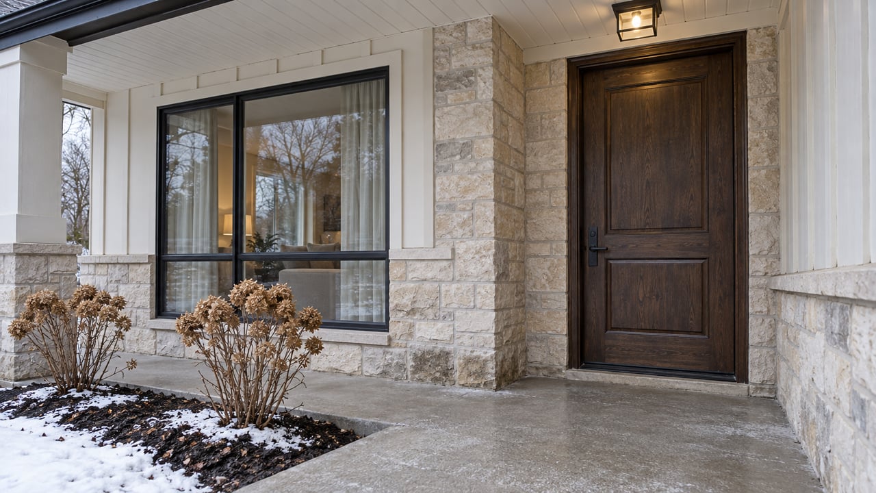 Covered residential entry with pale limestone, white board-and-batten siding, a dark oak door and dried hydrangea flower heads beside a lightly snowy planting bed.