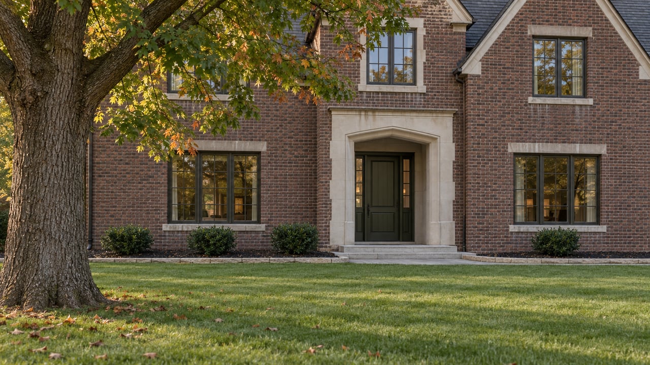 Mature oak beside a substantial two-story brick house, with broad lawn and recessed limestone entry.
