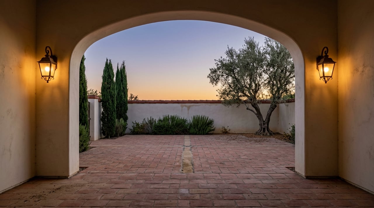 Stucco archway with glowing lanterns frames a terracotta motor court, olive tree, rosemary hedge, and cypress at dusk.