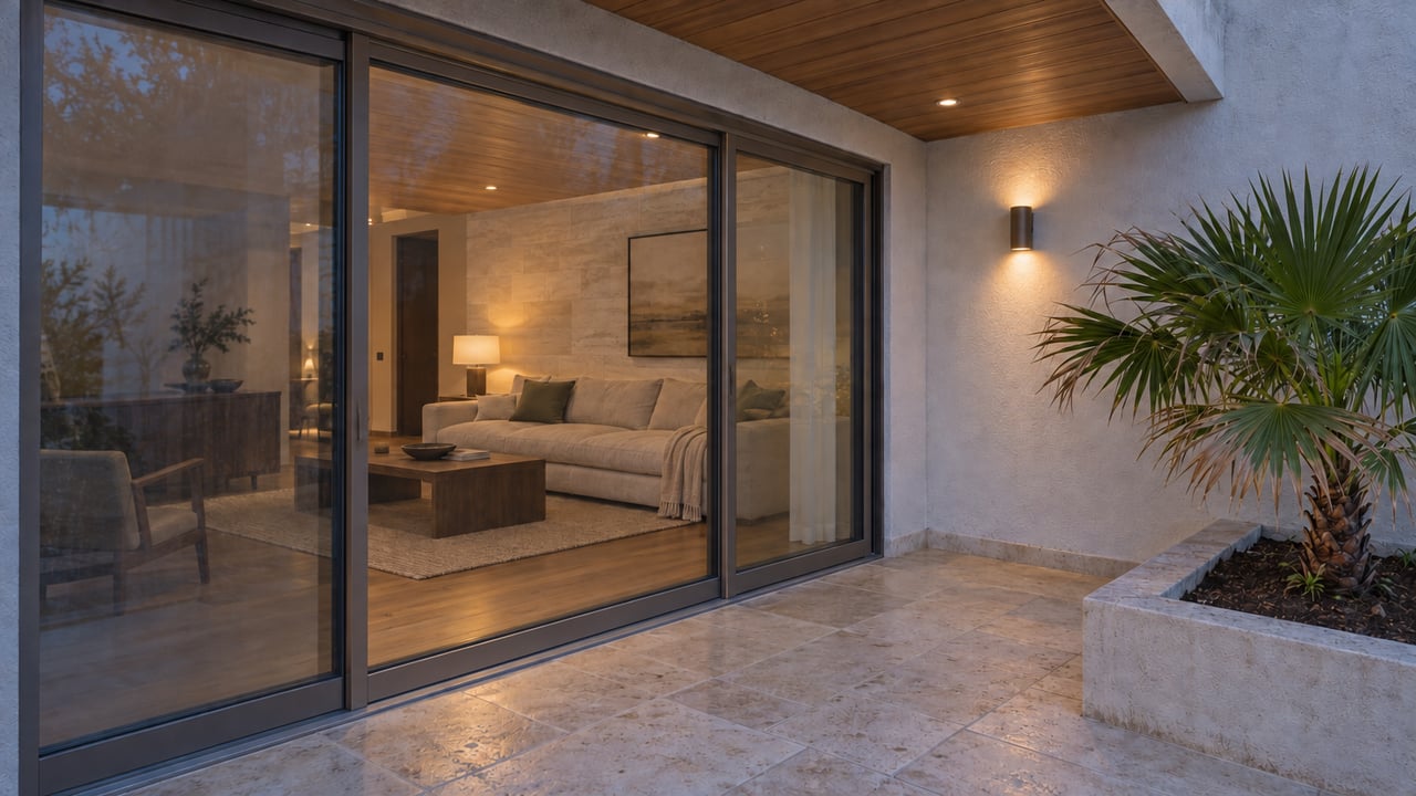 Bronze-framed glass doors enclose a living room beside a limestone terrace and raised planter with a palm.