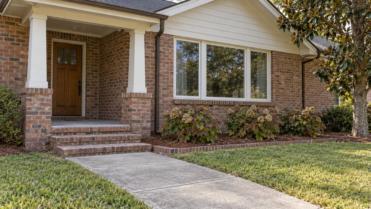Red-brown brick home with a recessed wood entry door, broad front window, concrete approach and oakleaf hydrangeas.