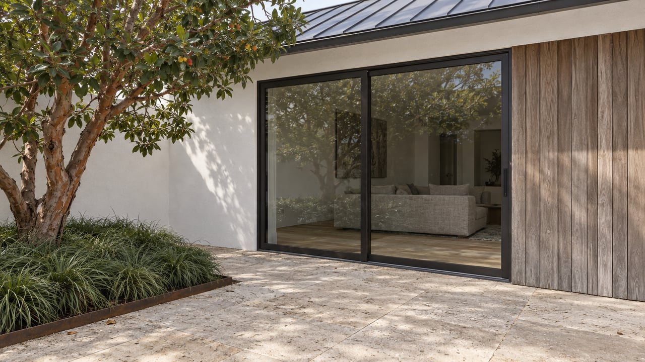 White plaster and cedar home opening onto a limestone courtyard, with bronze-framed glass doors and a sculptural strawberry tree.