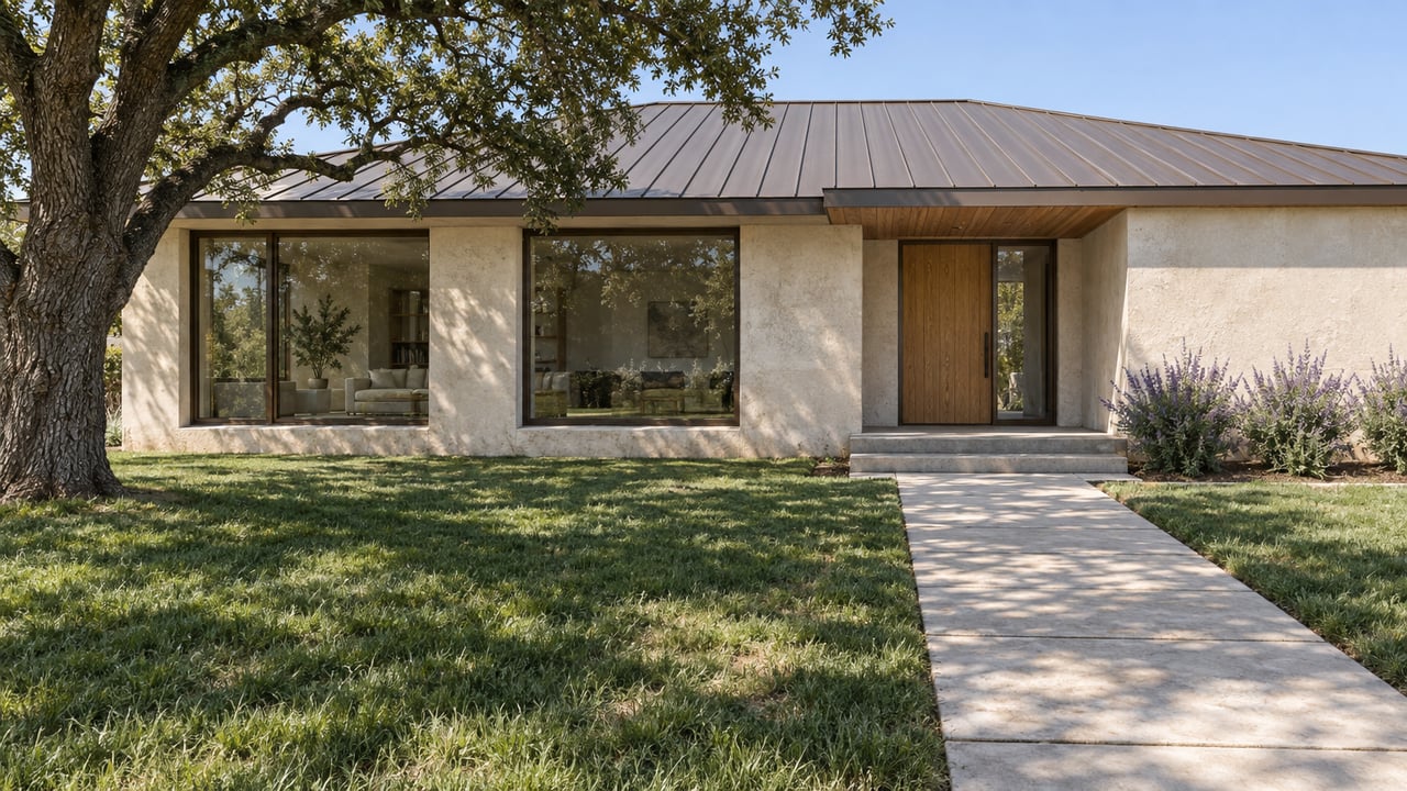 Low modern home with bronze-framed windows, a deep front lawn, a concrete entry walk, and a mature oak.