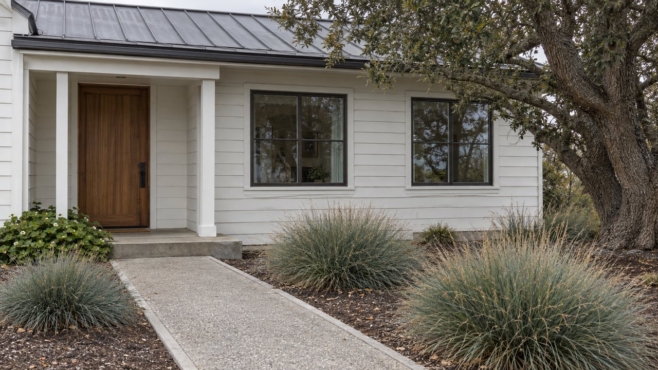 Coastal cottage with off-white siding, a cedar door, bronze-framed windows, and a concrete garden path beneath an oak.