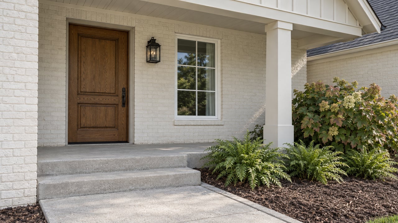 Covered entry with an oak door, painted brick, white divided-light window, concrete steps and oakleaf hydrangea.