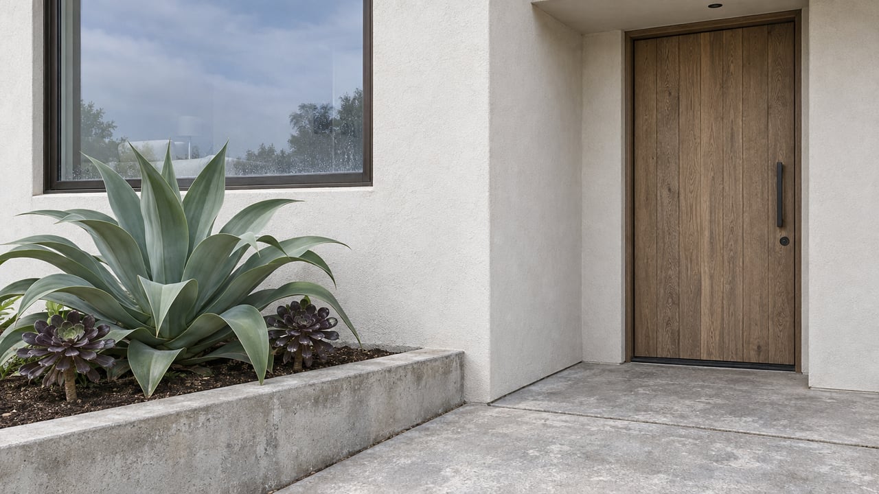 Warm-white stucco facade with a bronze-framed window, oak door, and agave in a raised concrete planter.