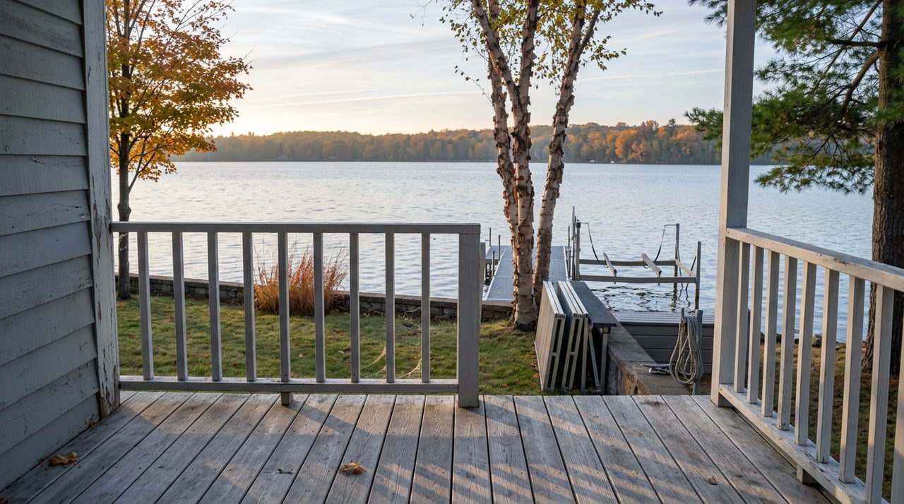 Grayed cedar deck overlooking a lake, with stacked dock sections, a birch tree, and autumn color along the far shore.