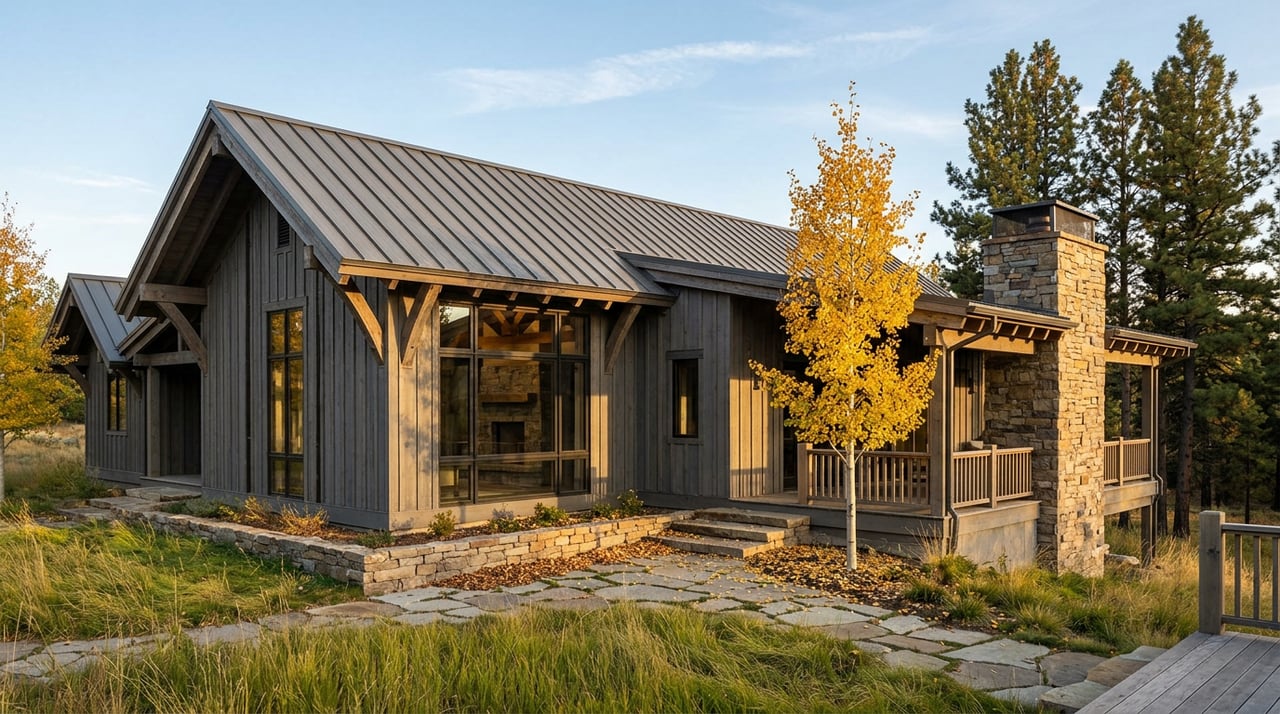 Timber-and-stone mountain lodge with a golden aspen, meadow grasses, and a flagstone path.