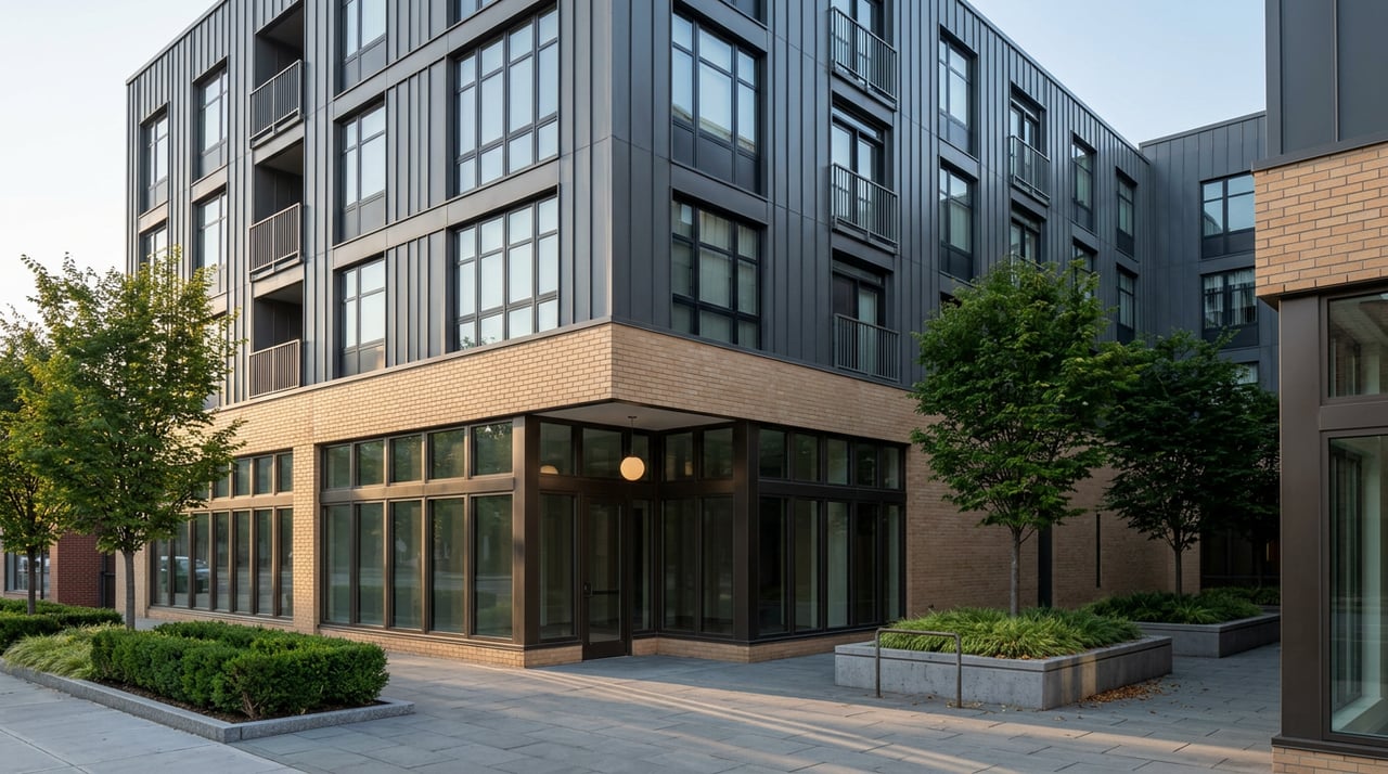 Five-story residential building with charcoal metal upper floors, buff brick base, plaza trees, and a glass entry.