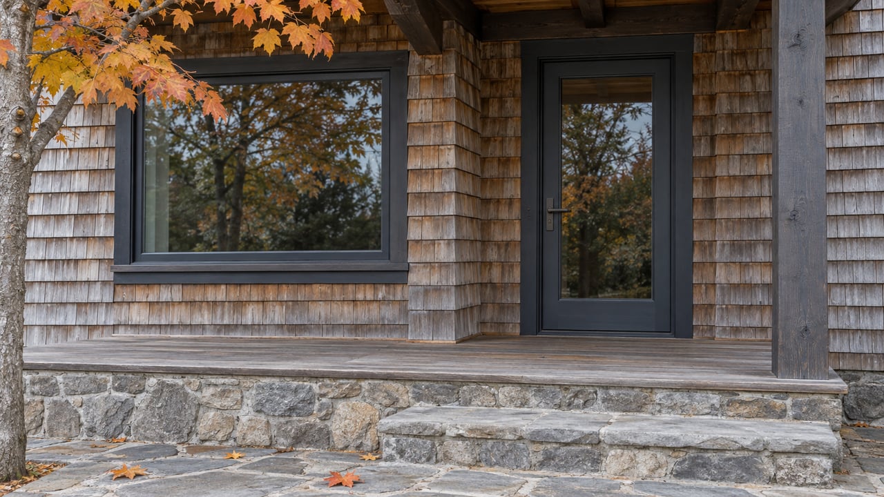 Cedar-shingled cottage entry with closed glazing, timber roof beams, weathered porch boards and broad stone steps beneath autumn maple leaves.