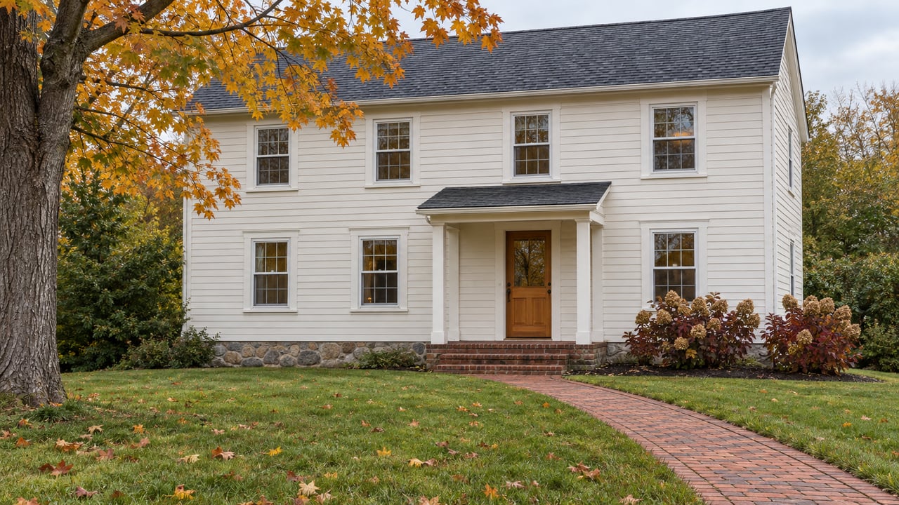 Cream clapboard home with a brick front walk, broad autumn lawn, and an amber-leaved maple.
