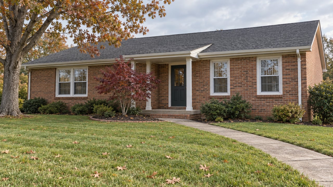 A single-story brick home beyond a deep green lawn, with autumn oak foliage and a small covered entry under soft daylight.