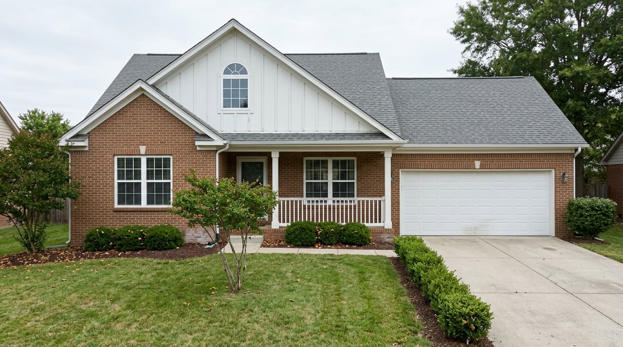 Two-story brick house with a white board-and-batten gable, arched window, covered porch, lawn, and attached garage.