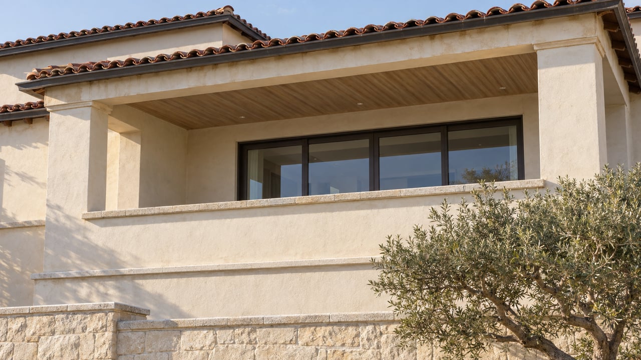 Cream stucco house with weathered clay roof tiles, a recessed glazed loggia and a silver-green olive tree above a pale stone retaining wall.