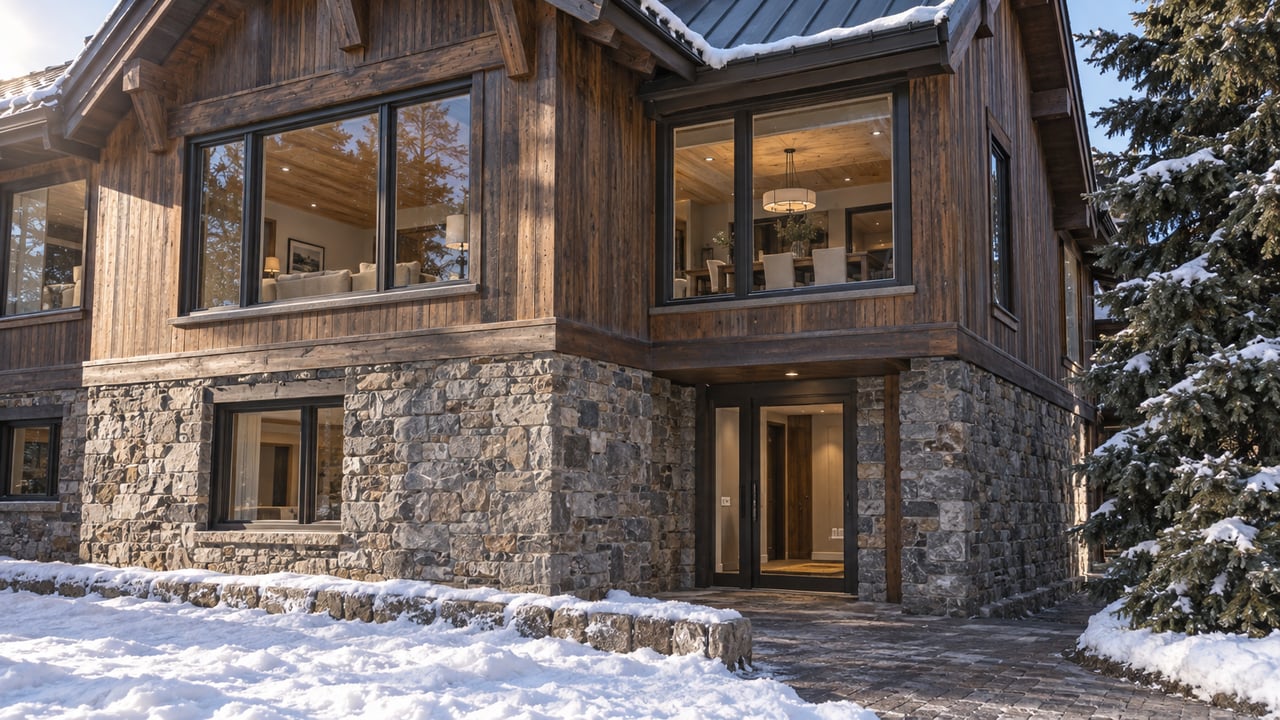 Alpine condominium corner with timber upper walls, stone base, snowy roof, spruce, and paved path.