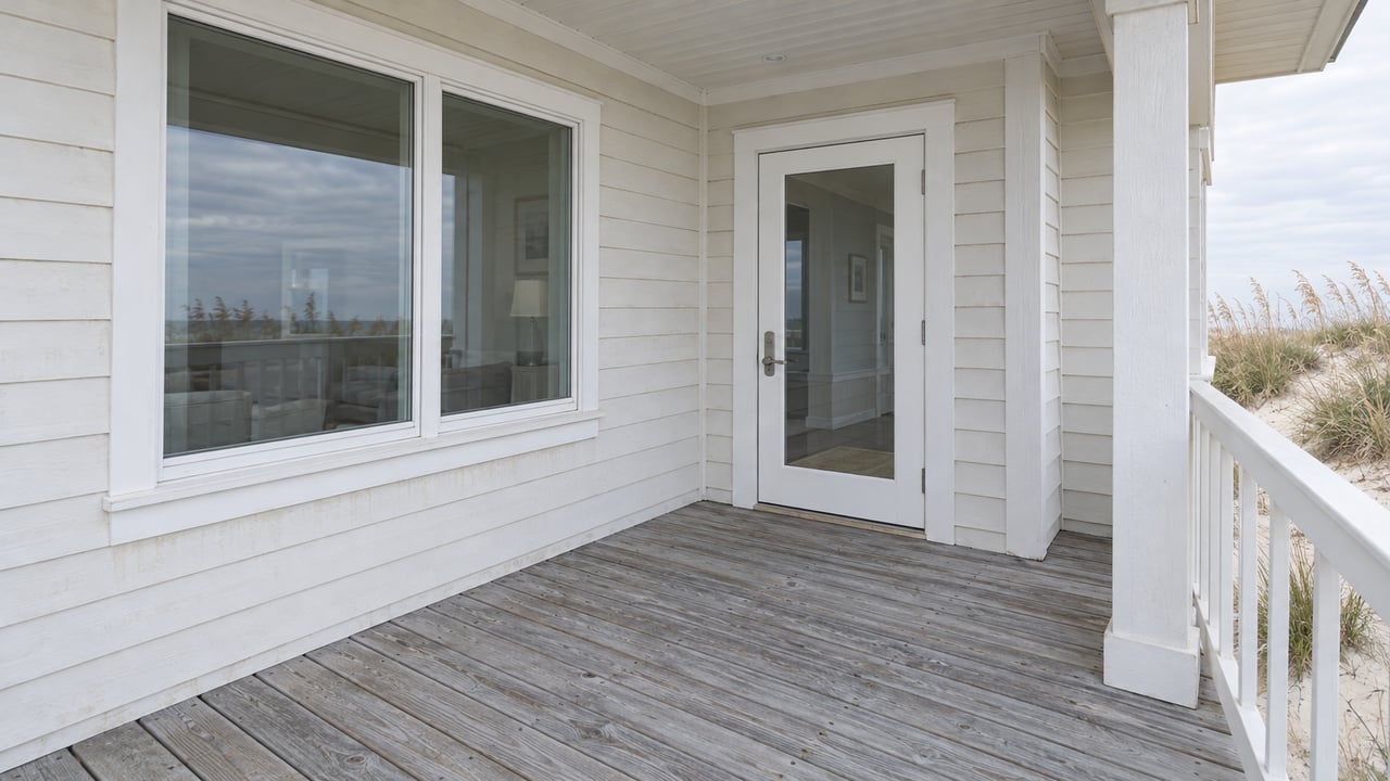 Close view of a raised home's pale siding, glazed entry and silver-gray timber deck, with sea oats visible below the white railing.