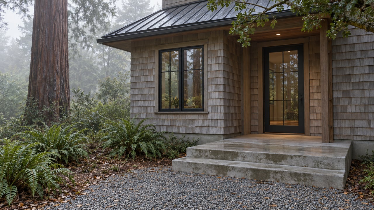 Wooded home entry with cedar shingles, glazed door, concrete steps, and a redwood trunk.