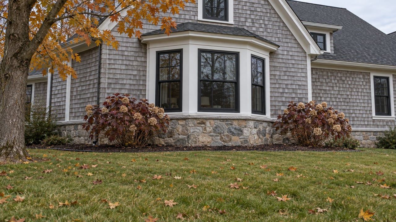 Weathered cedar-shingle home with a gabled window bay, stone foundation, broad autumn lawn and burgundy oakleaf hydrangeas.