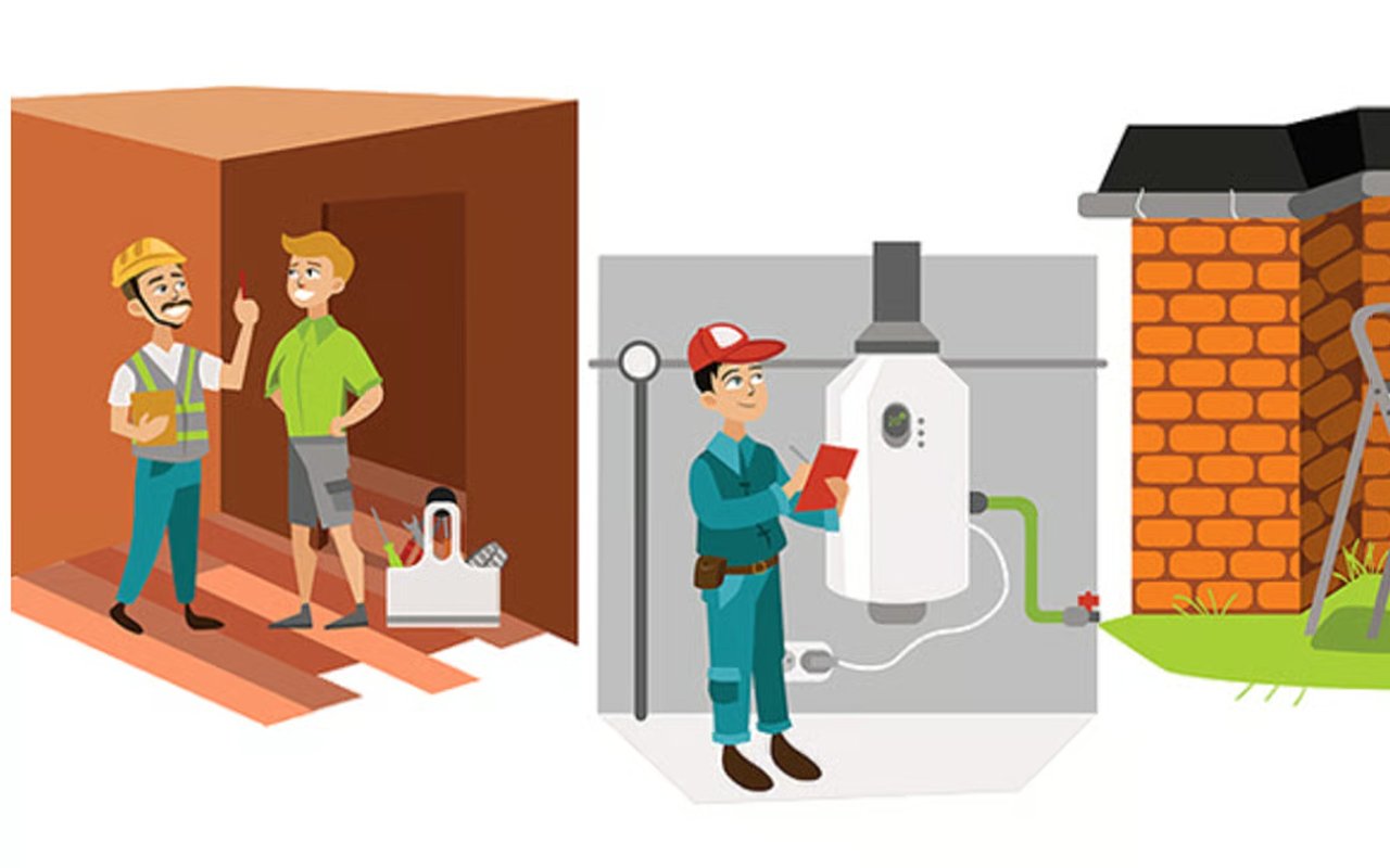 Illustration of a contractor, a water-heater technician, and a brick chimney representing fixer-upper safety priorities.