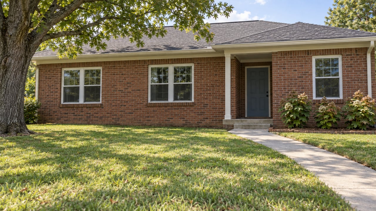 A modest red-brick single-story home with a slate-blue front door, concrete approach, broad front lawn, and mature oak.