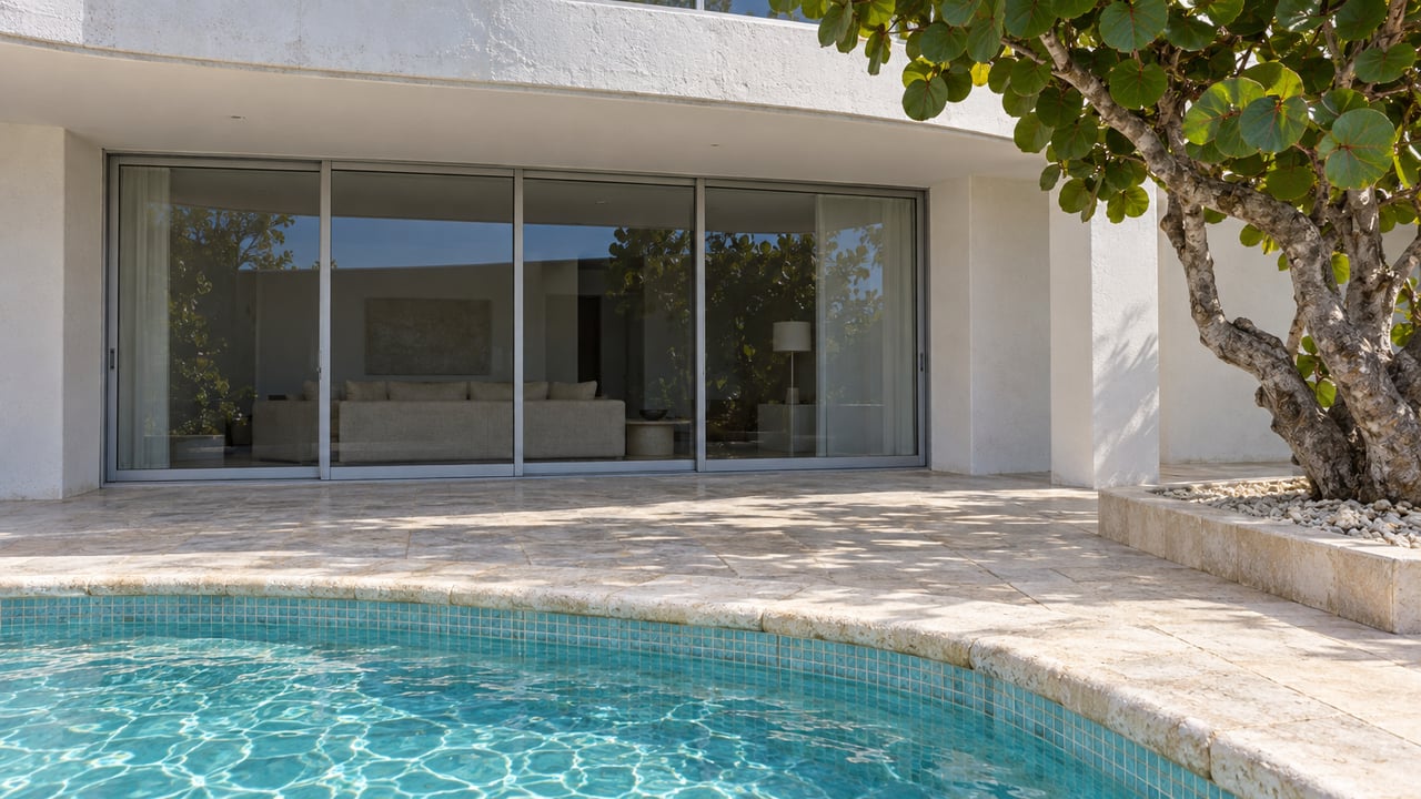 Curved pool beside a stone patio and modern home with wide sliding glass doors.
