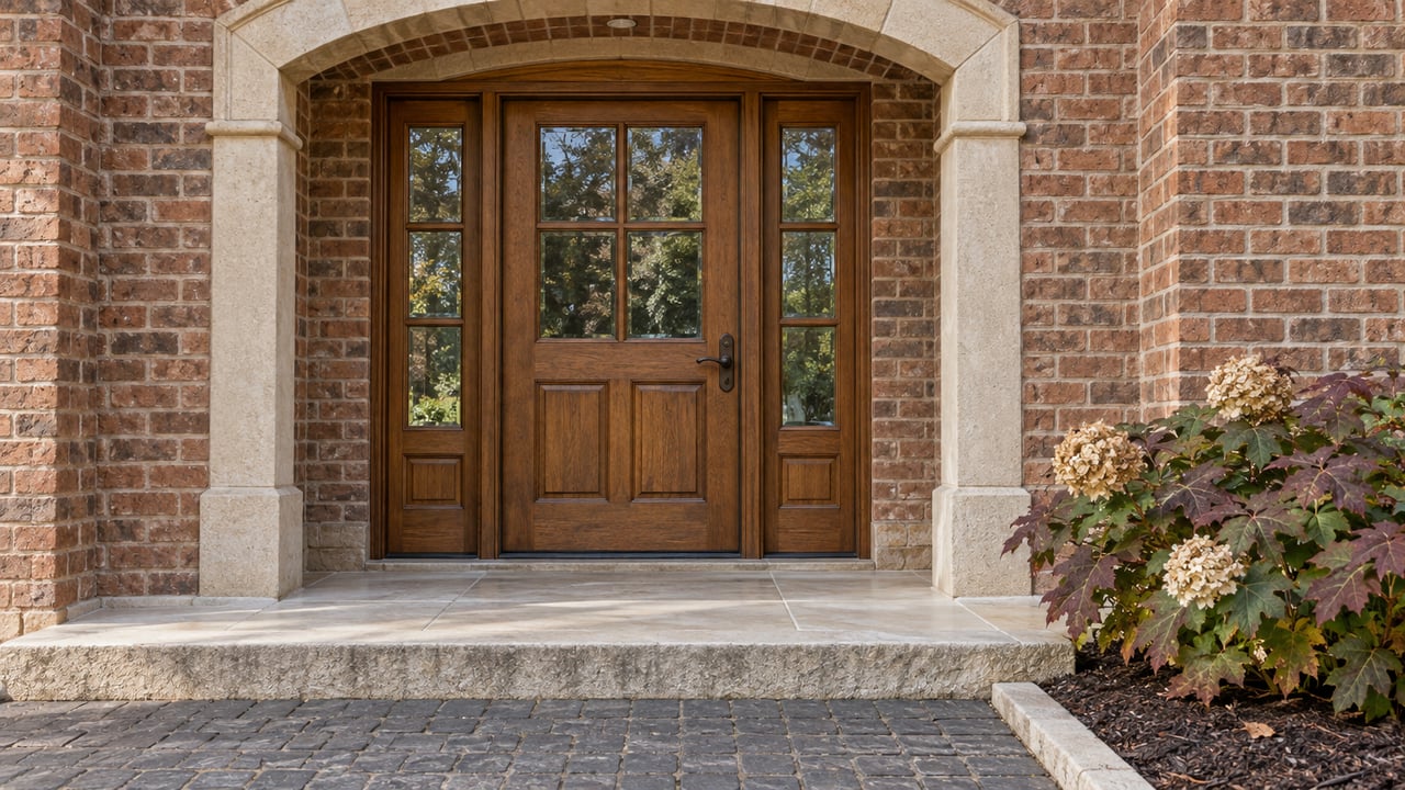 Close exterior view of a brick home's arched oak-and-glass entrance, limestone steps and an oakleaf hydrangea.
