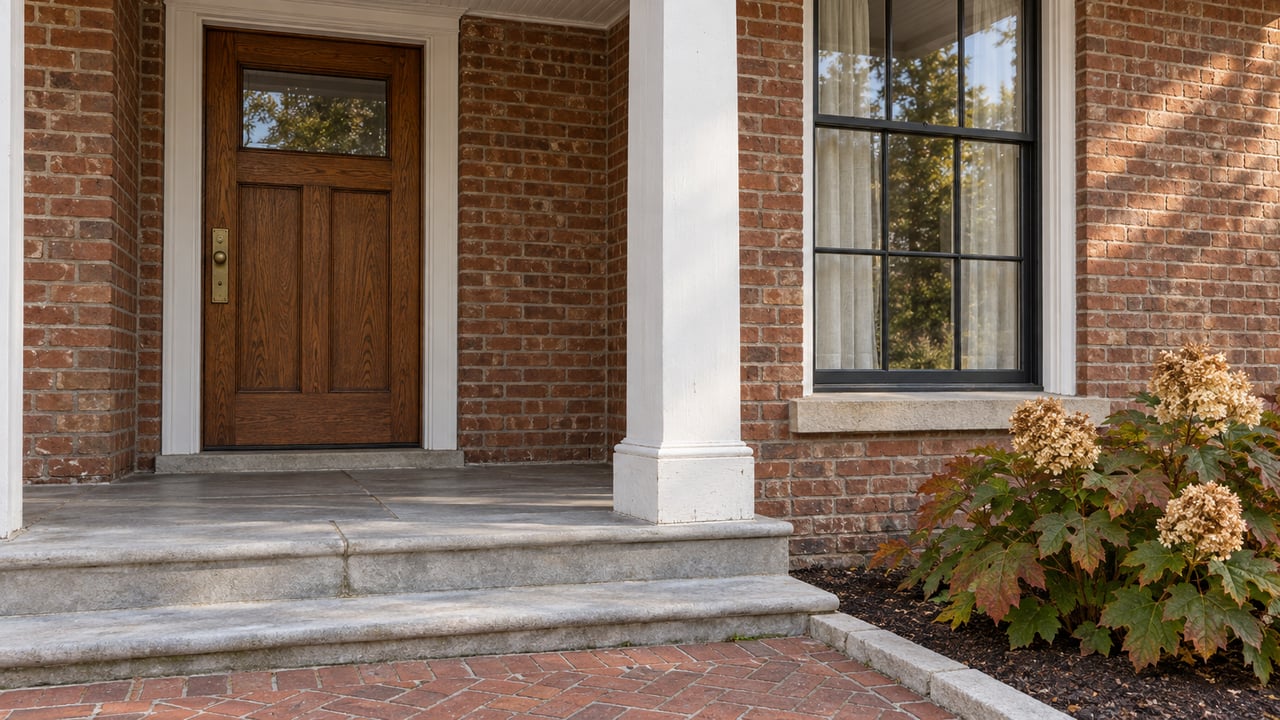 Brick home entry with an oak door, white porch column, limestone steps, and autumn oakleaf hydrangea.