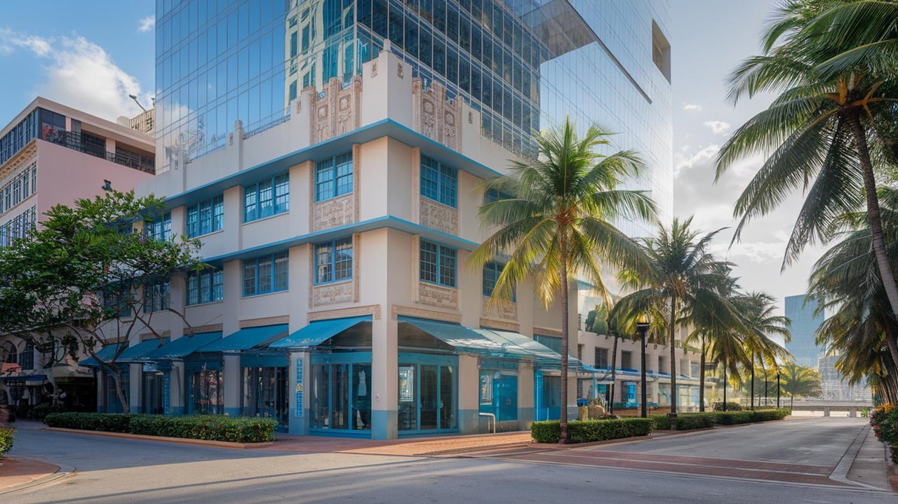 Art Deco corner building with blue awnings and glass tower, lined by palm trees.