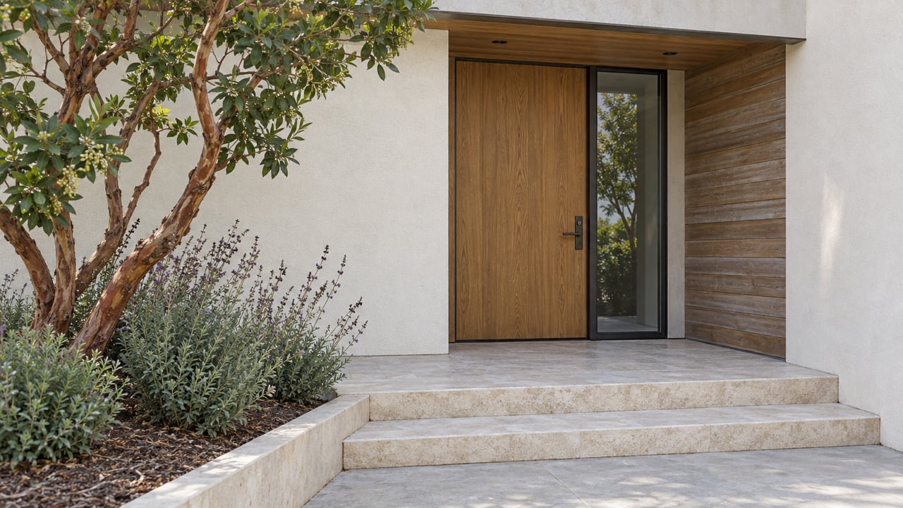 Modern home entrance with a wood front door, stone steps, and leafy landscaping.
