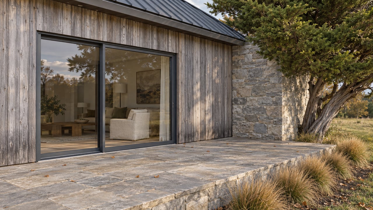 Weathered cedar and sandstone home with a closed glazed doorway beside a stone terrace, tawny red fescue and a sculptural cypress.