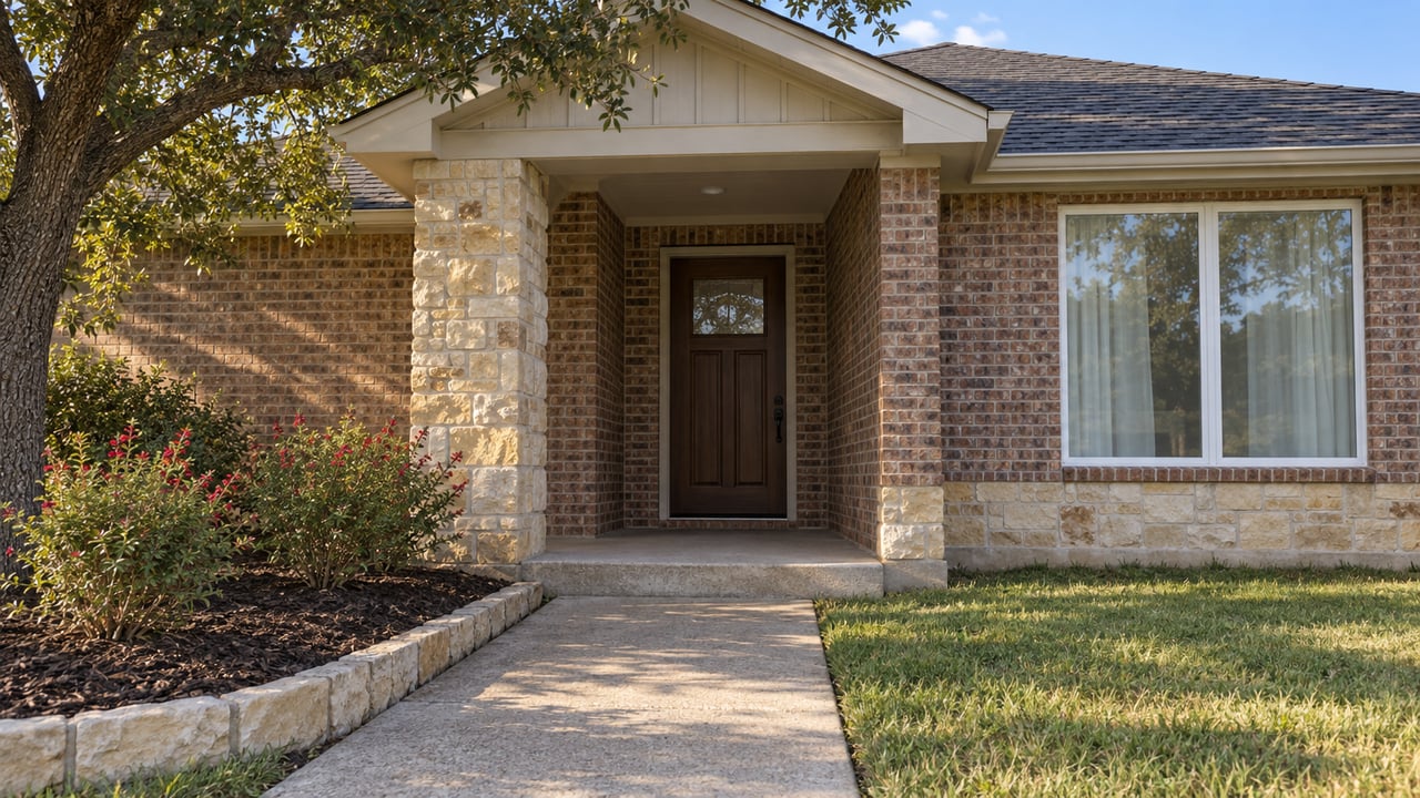 Warm evening light on a brick home's limestone porch, closed front door, concrete approach, and carefully edged planting bed.