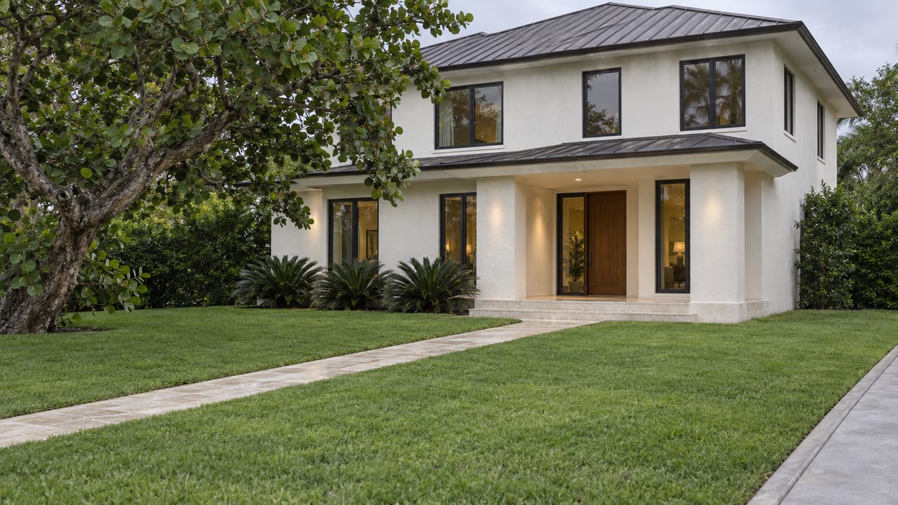 Two-story stucco house beyond a broad lawn, with a diagonal stone walk and spreading tree.