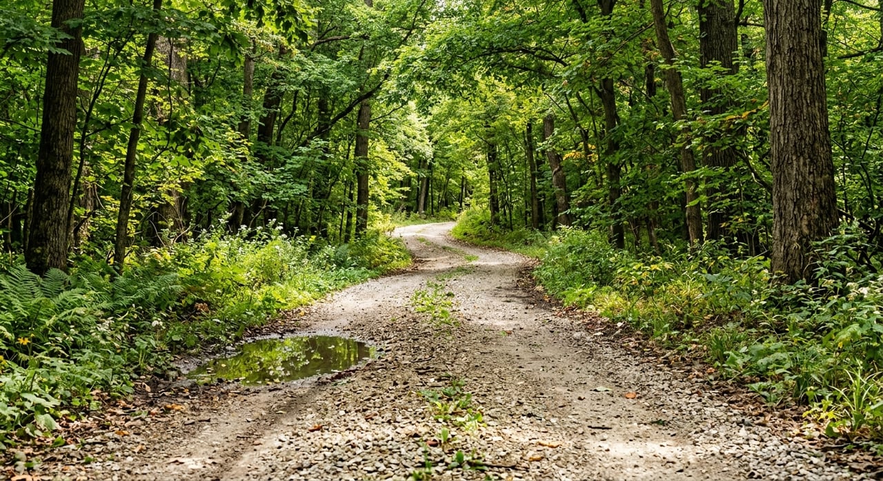 Pale gravel lane curves left beneath a dense hardwood canopy, with a shallow puddle in one tire track.