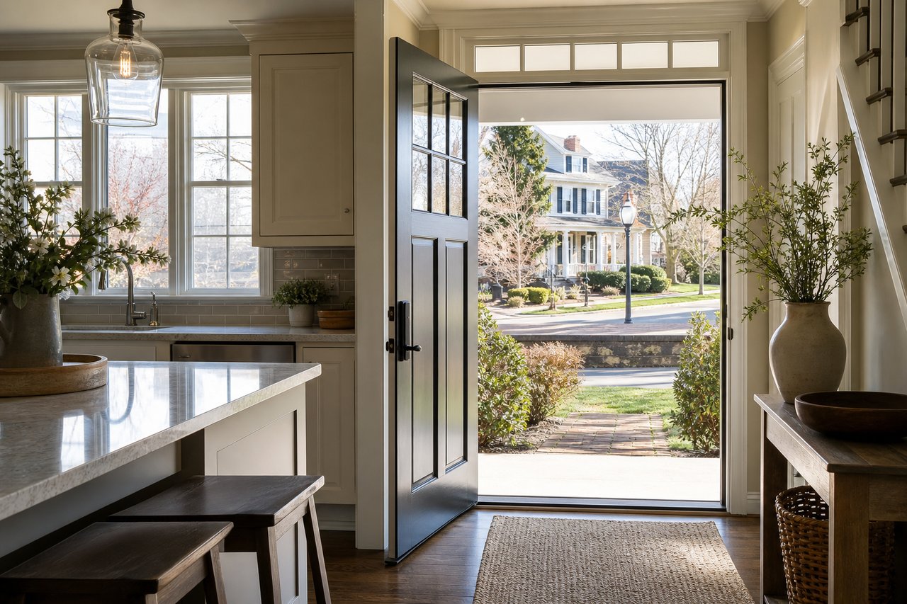 Furnished kitchen and entryway with an open front door overlooking a walkway and neighboring homes.