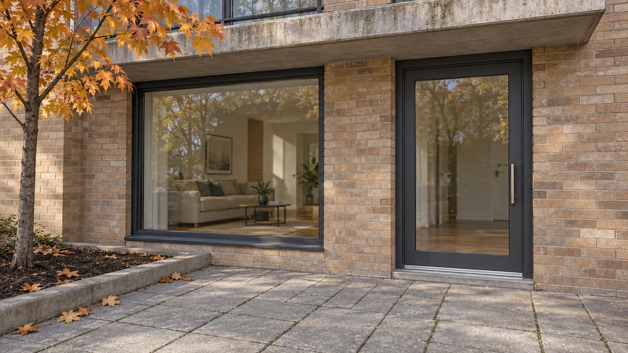 Buff-brick condo entry with closed charcoal-framed glazing, a grey paved terrace and amber maple leaves.