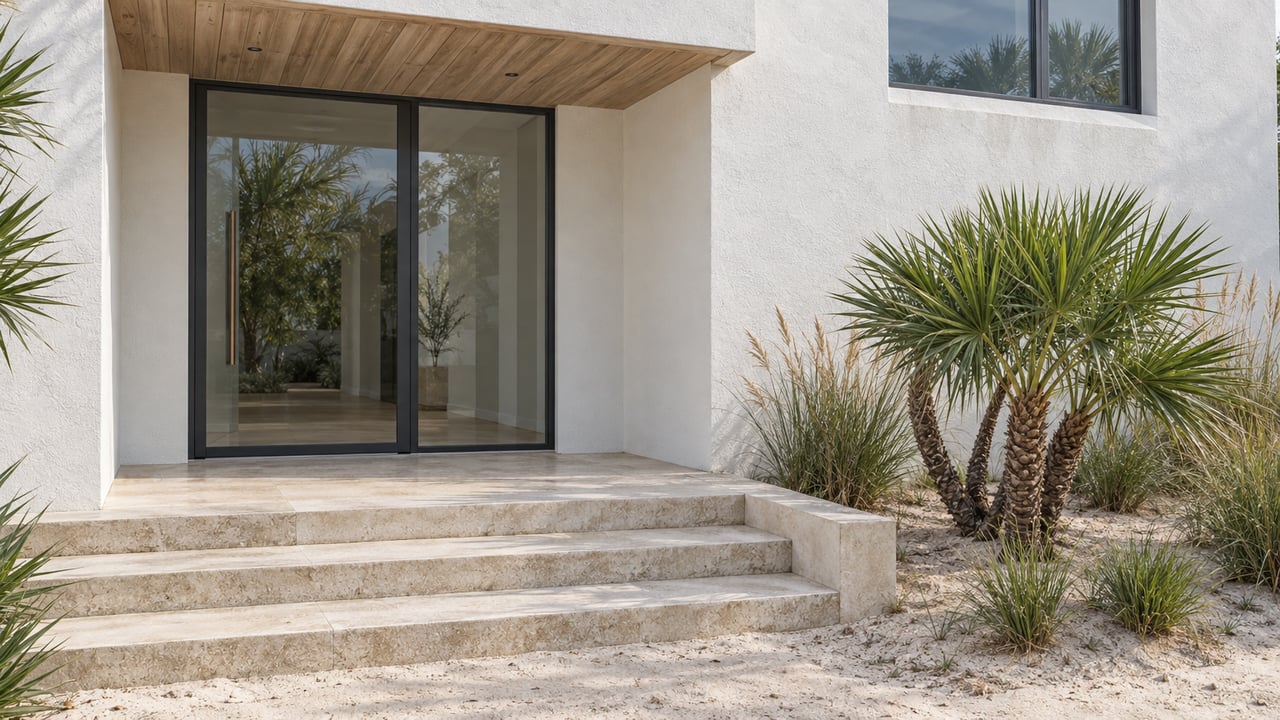 White stucco home entrance with a glass door, pale wood soffit, limestone steps and a sculptural palmetto in sandy planting.
