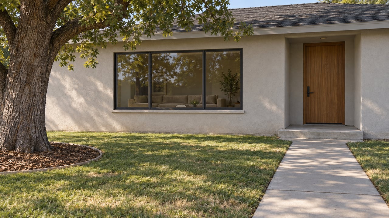 A single-story stucco home with a wood entry door, broad charcoal-framed window, and sunlit lawn beneath a mature oak.
