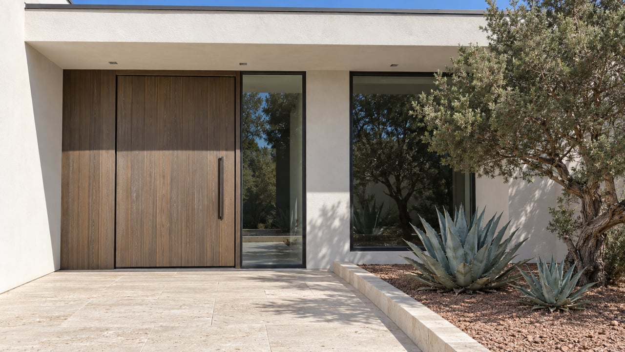 White stucco home with a warm wood entry door, pale limestone approach, a sculptural juniper and two blue-gray agaves.