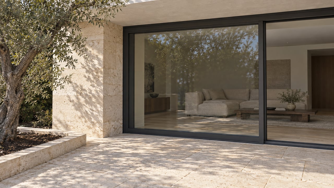 Modern home with a pale stone patio, large glass doors, and an olive tree.