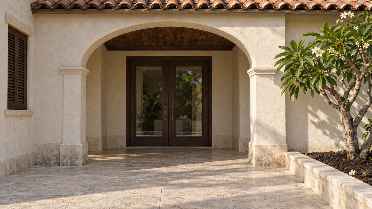 An ivory stucco villa terrace with a terracotta roof, glazed hardwood doors, limestone paving, and a flowering frangipani.