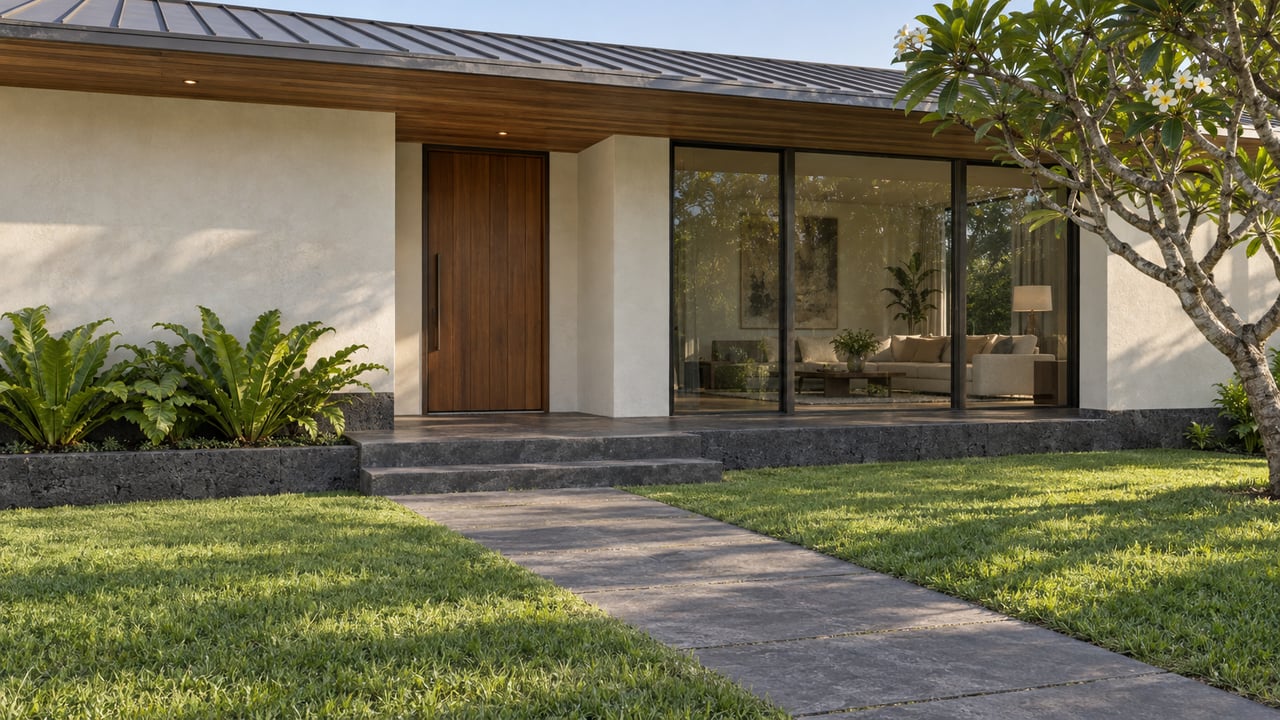 Contemporary cream-stucco home with a deep wood-lined eave, basalt entry steps and a flowering tree beside a sunlit lawn.
