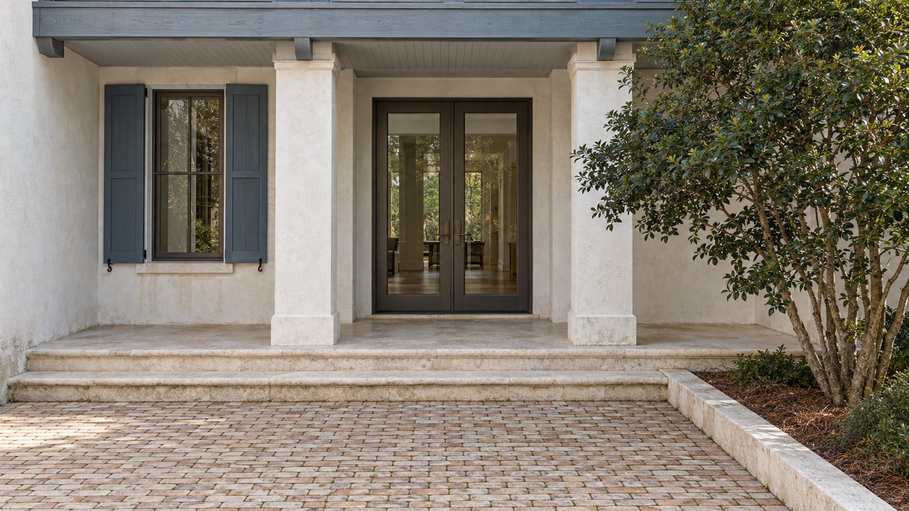 Sunlit brick courtyard leading to an ivory stucco porch with bronze-framed glass doors, blue shutters, and a sculptural yaupon holly.